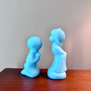 Fenton Art Glass Praying Boy and Standing Girl Figurine Blue Satin Glass